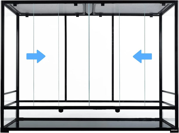 Glass reptile terrarium with sliding front doors and mesh top for ventilation