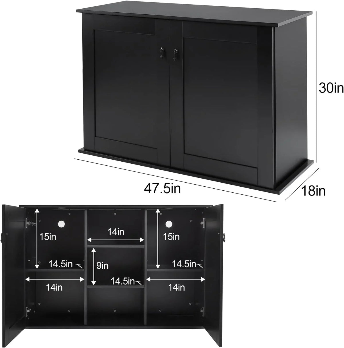 Black reptile terrarium cabinet stand with open and closed views, showing storage compartments and dimensions: 47.5 inches wide, 18 inches deep, 30 inches high.