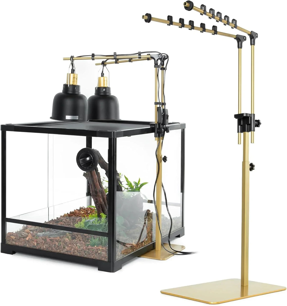 Adjustable lamp stand with dual dome heat lamps next to a glass reptile terrarium setup Main image