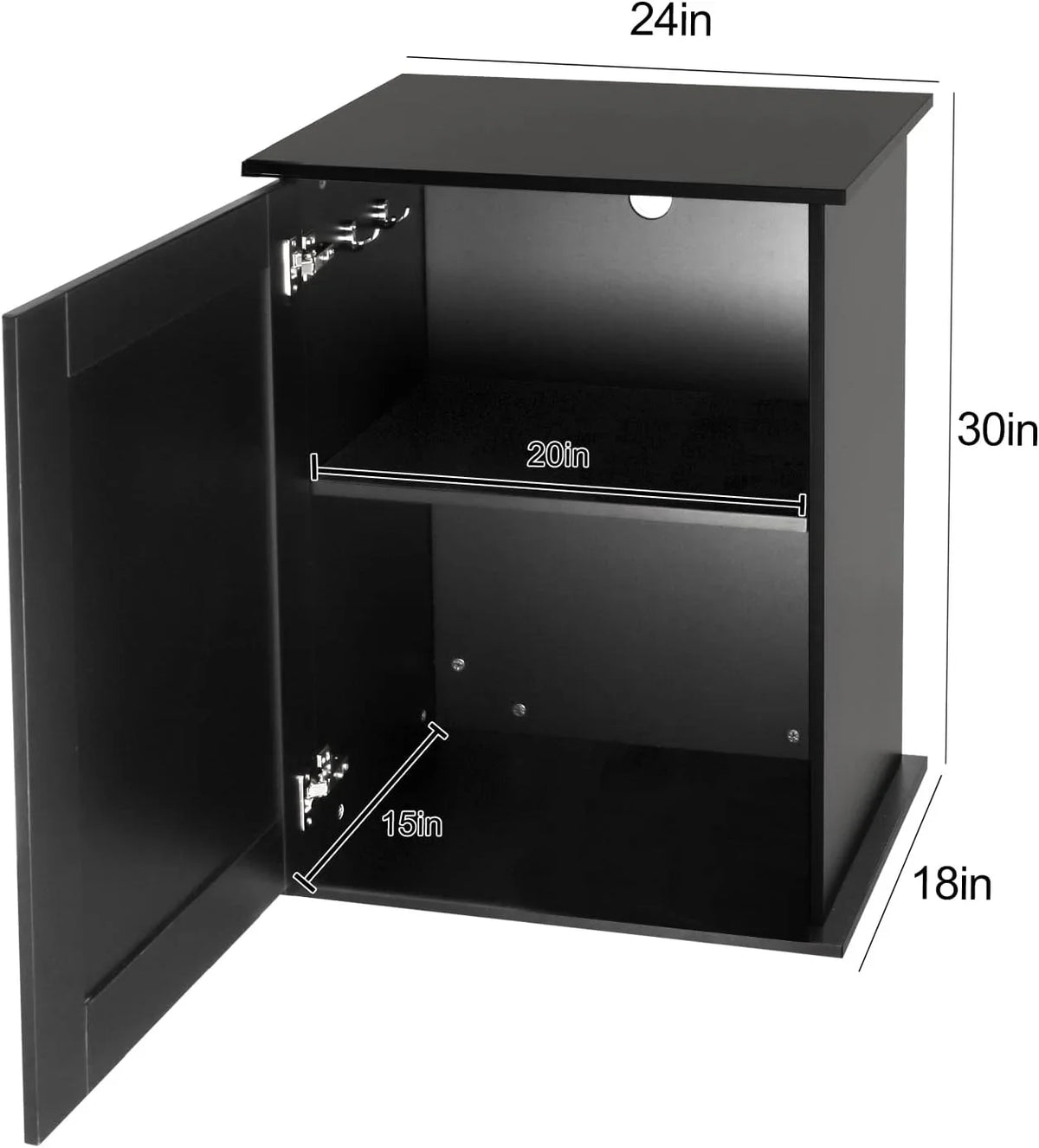 Black reptile terrarium cabinet with open door, shelves, and size dimensions labeled