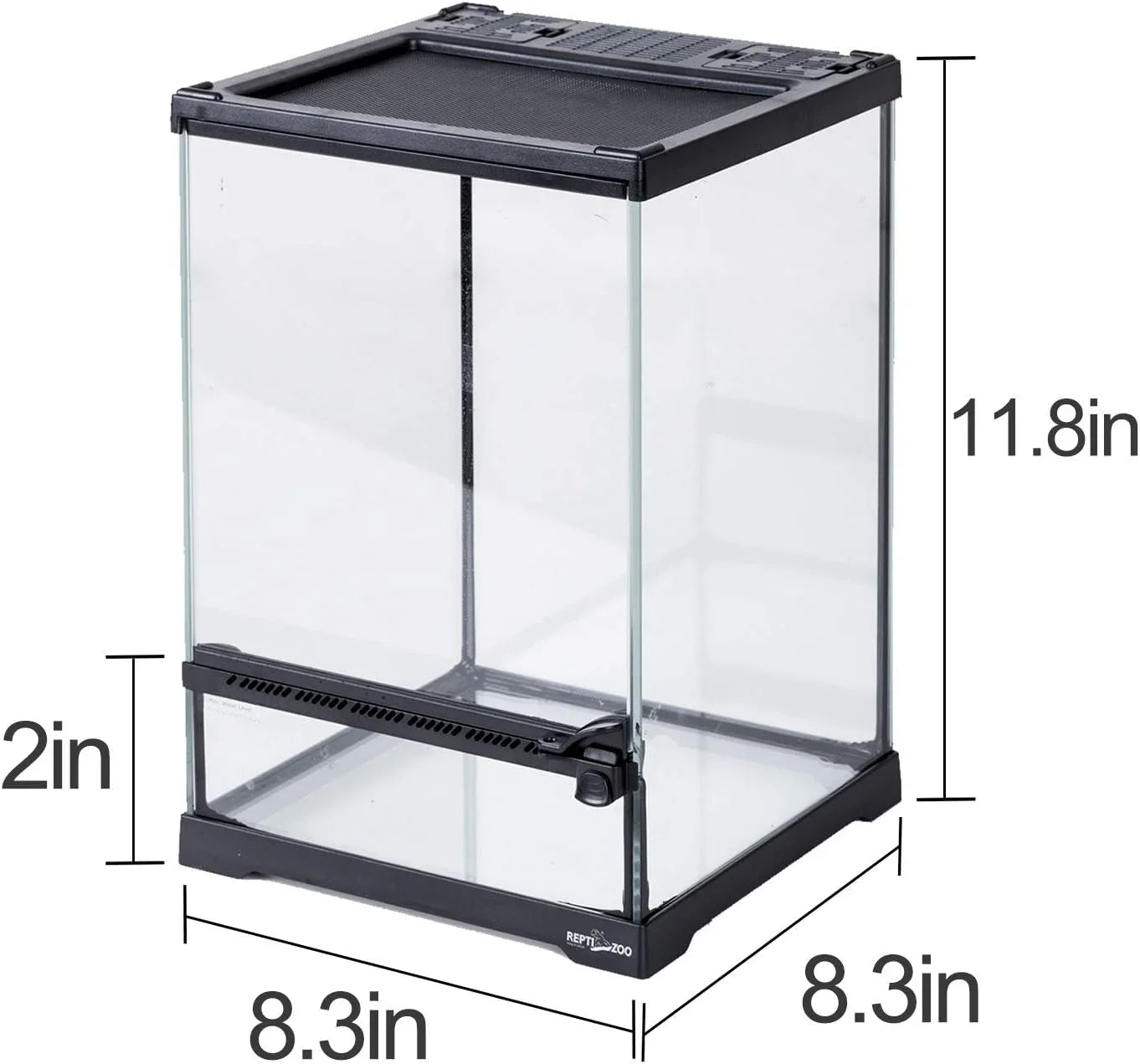 Glass reptile terrarium with mesh lid, front lock, and dimensions 8.3x8.3x11.8 inches.