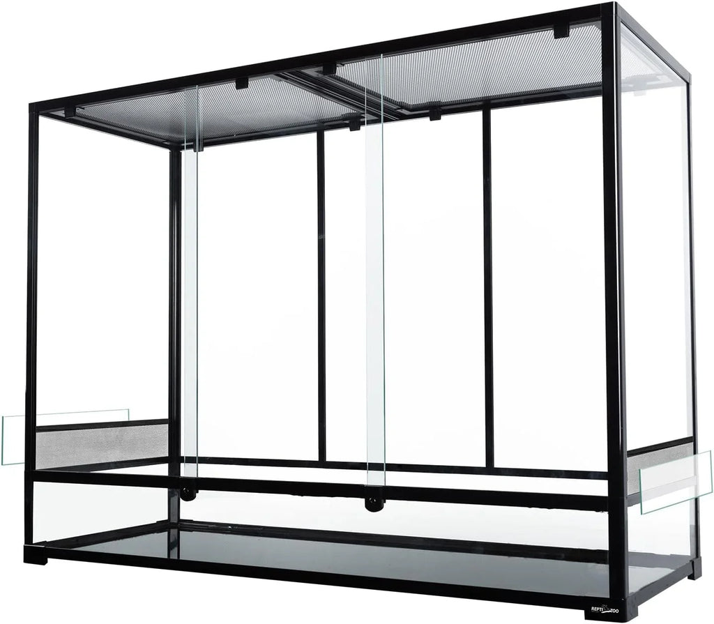 Large glass reptile terrarium with sliding doors and mesh top for ventilation