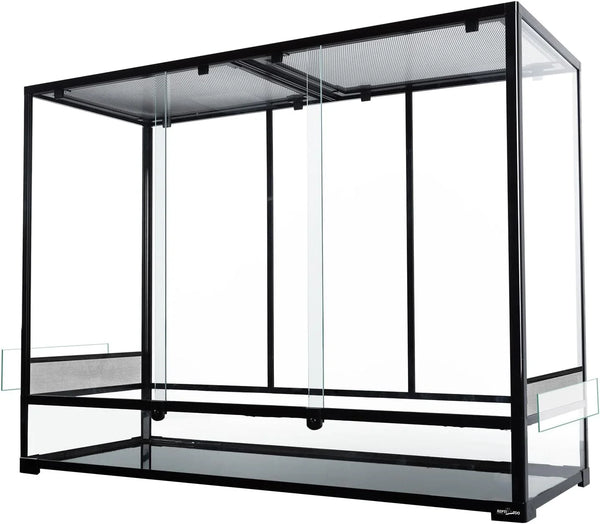 Large glass reptile terrarium with sliding doors and mesh top for ventilation