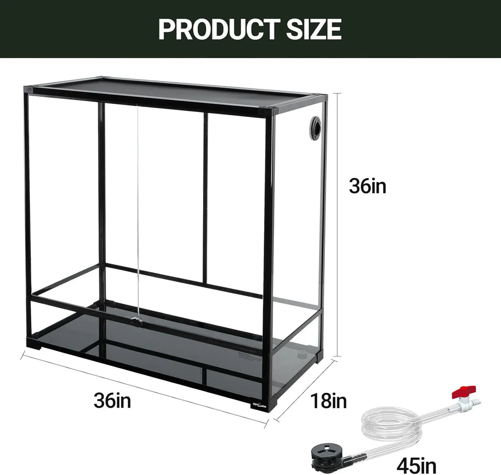 Glass reptile terrarium cage, 36x18x36 inches, with drainage tube, ideal for reptiles.