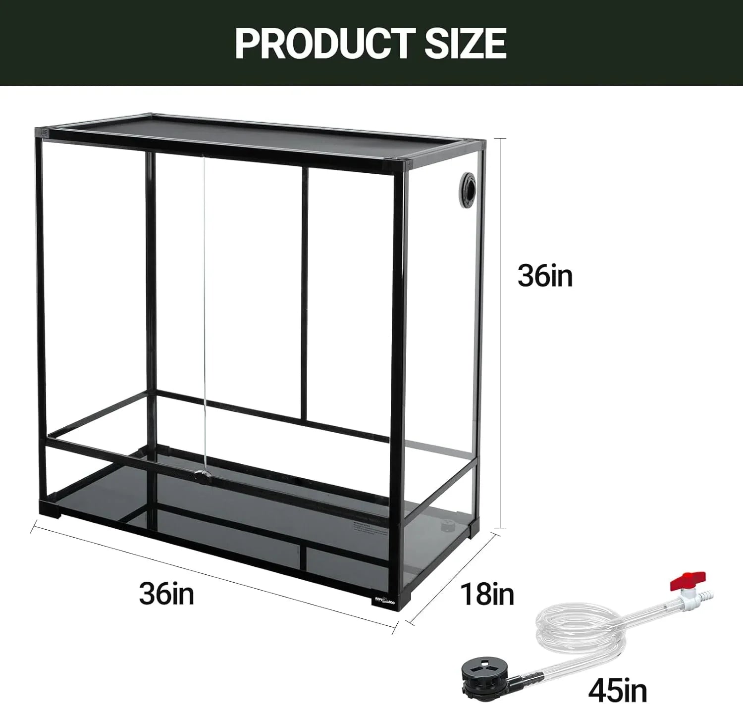 Glass reptile terrarium cage, 36x18x36 inches, with drainage tube, ideal for reptiles.