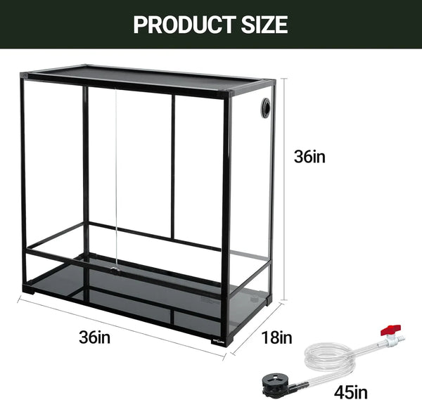 Glass reptile terrarium cage, 36x18x36 inches, with drainage tube, ideal for reptiles.