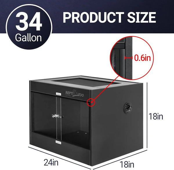 34 gallon black reptile terrarium, 24x18x18 inches, glass doors, ventilation design