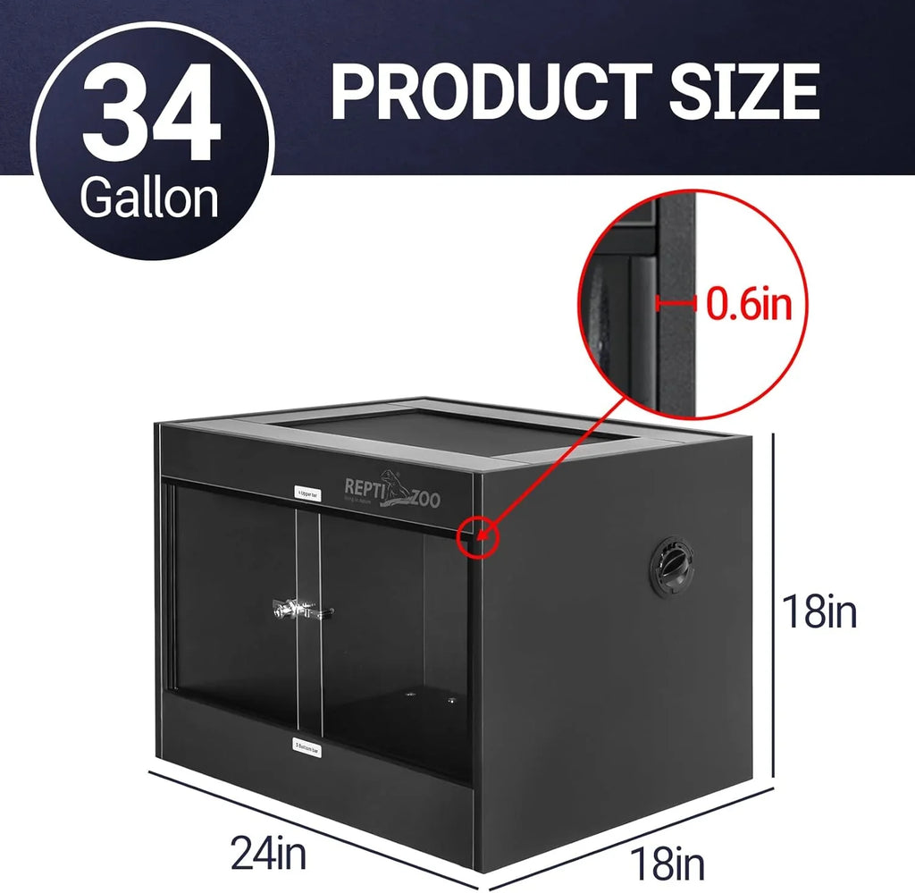 34 gallon reptile terrarium, black, 24x18x18 inches, glass front doors, mesh top