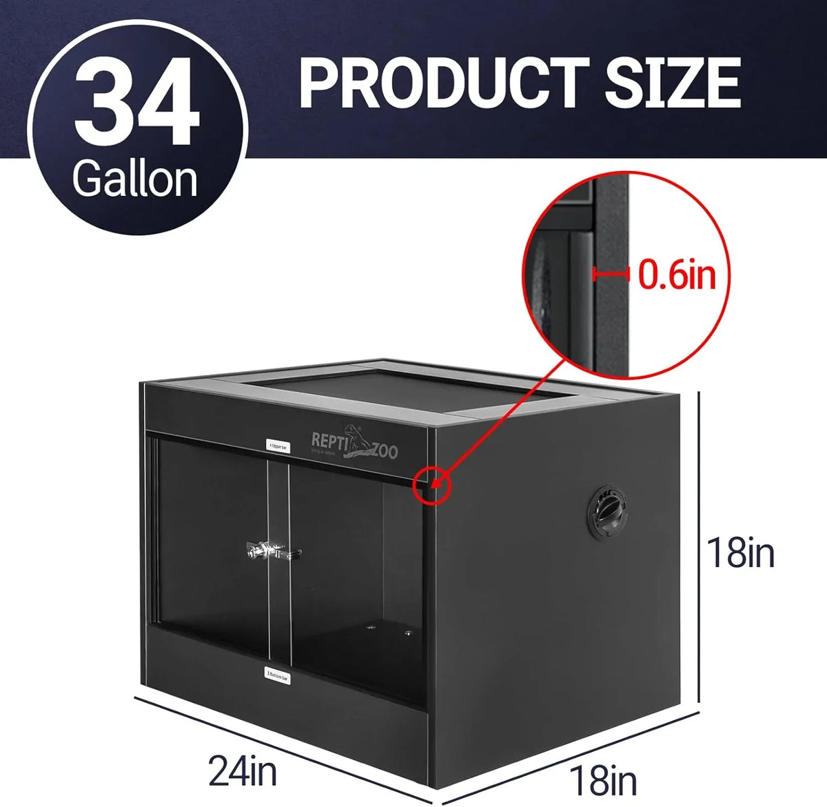 34 gallon reptile terrarium, black, 24x18x18 inches, glass front doors, mesh top