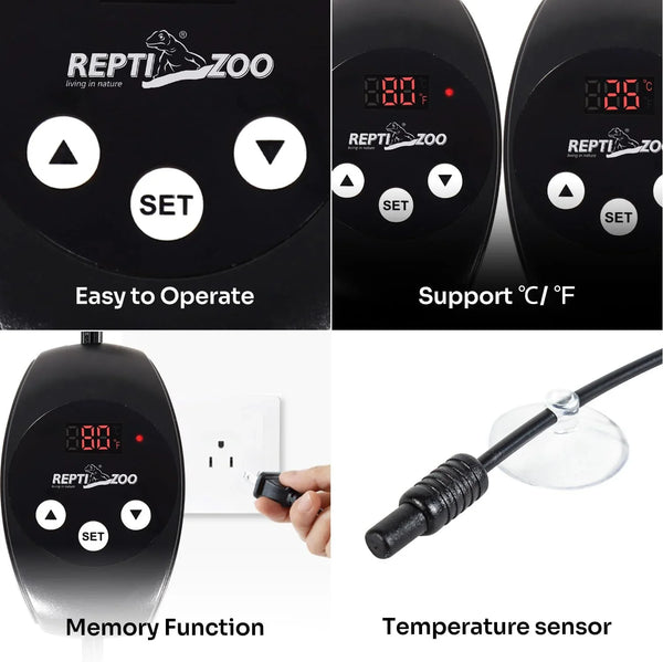 Digital reptile thermostat controller with temperature sensor, memory function, and Celsius/Fahrenheit switch.