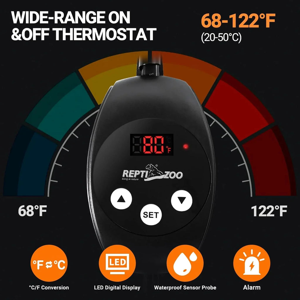 Digital reptile thermostat with LED display, temperature range 68-122°F, waterproof sensor, alarm icons.