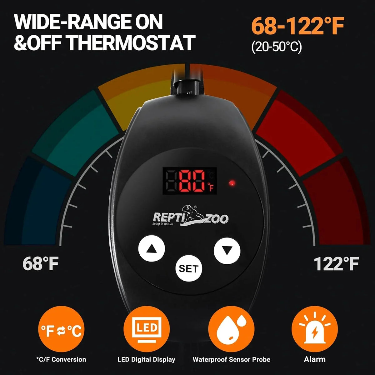 Digital reptile thermostat with LED display, temperature range 68-122°F, waterproof sensor, alarm icons.