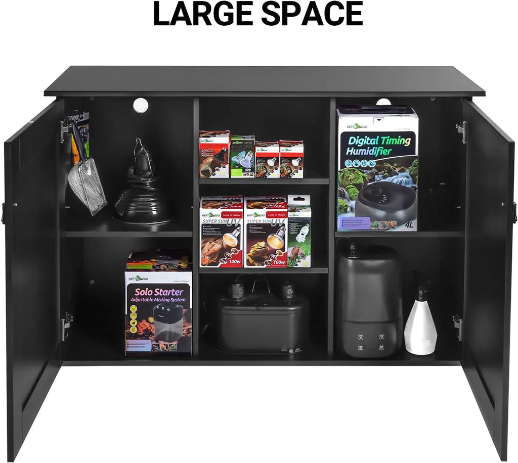 Black storage cabinet with open doors displaying reptile terrarium supplies, bulbs, humidifier, and tools.