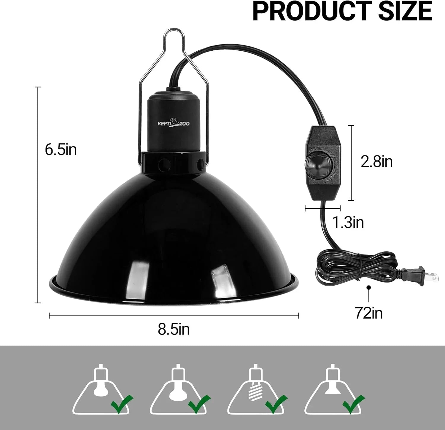 Black reptile heat lamp dome with adjustable switch, 8.5-inch diameter, 6.5-inch height.
