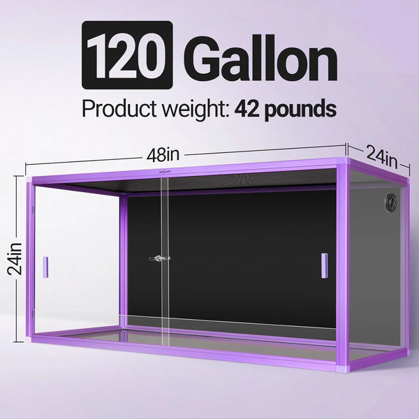 120 gallon glass reptile terrarium with purple frame, sliding doors, 48x24x24 inches.