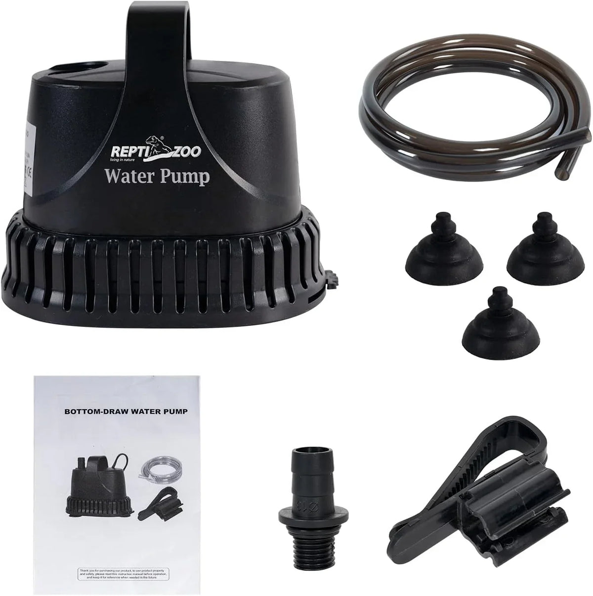 Reptile terrarium water pump kit with hose, suction cups, nozzle, and instructions