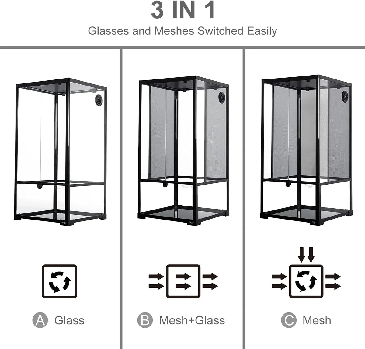 3-in-1 reptile terrarium showing glass, mesh plus glass, and all mesh side options