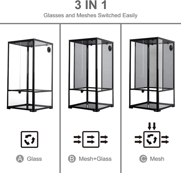 3-in-1 reptile terrarium showing glass, mesh plus glass, and all mesh side options