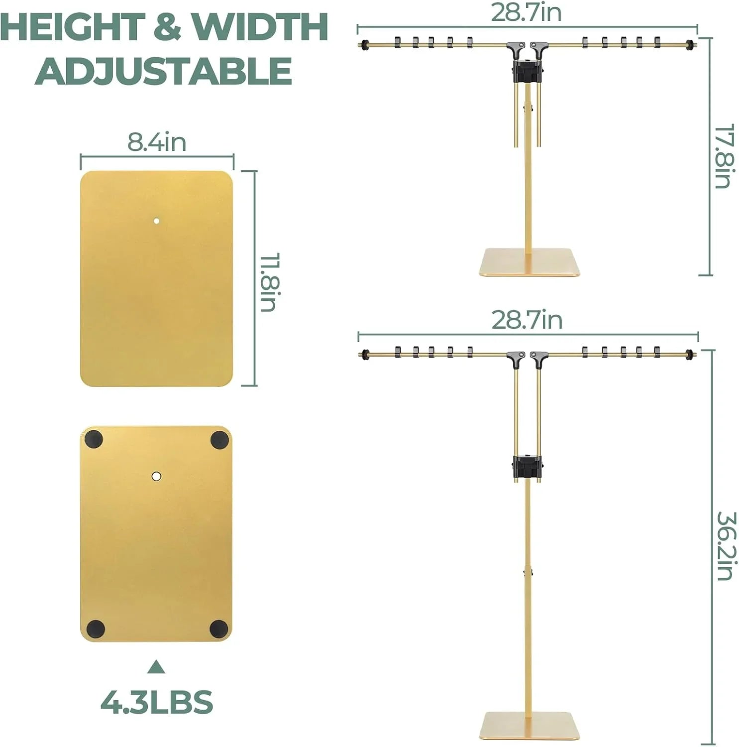 Adjustable gold lamp stand with dimensions for reptile terrarium lighting, sturdy base, 4.3 lbs.