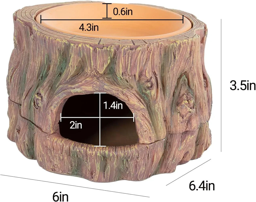 Artificial tree stump reptile hide with bowl, labeled dimensions, for terrarium habitat