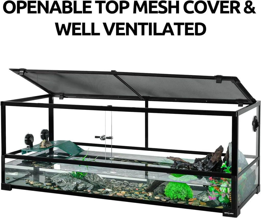 Glass reptile terrarium with openable mesh lid, rocks, plants, and basking platform