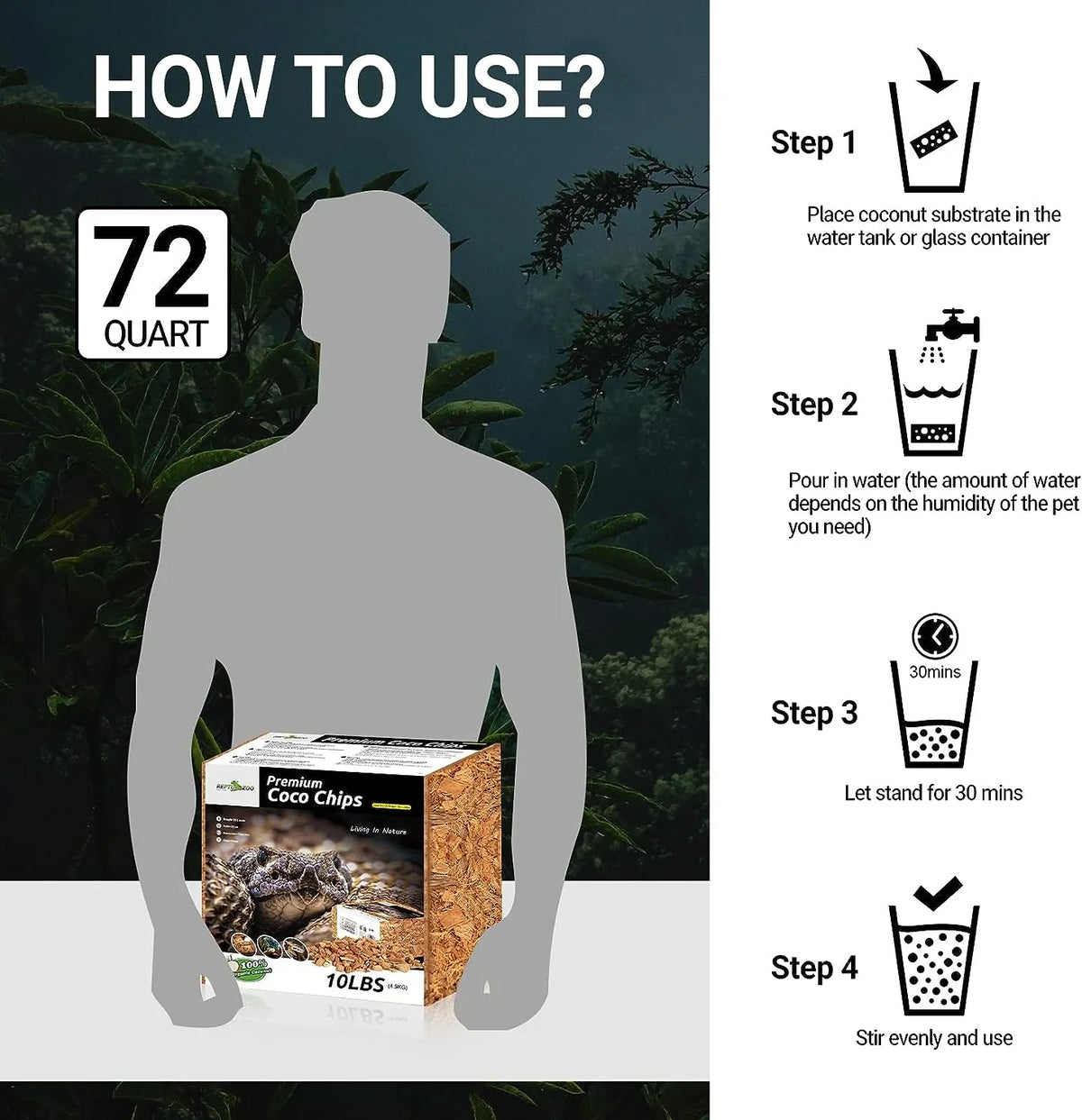 Instructions for using 72 quart premium coco chips reptile substrate, 10 lbs package shown.