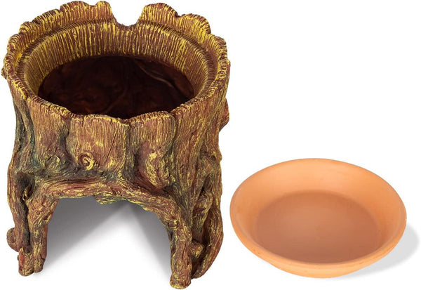 Naturalistic reptile hideout tree stump and shallow water dish for terrarium habitat