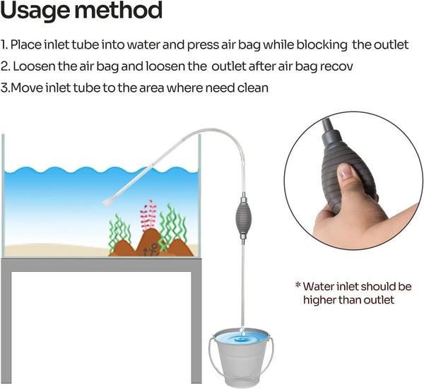 Aquarium water siphon pump cleaning kit usage instructions with hand pressing air bulb
