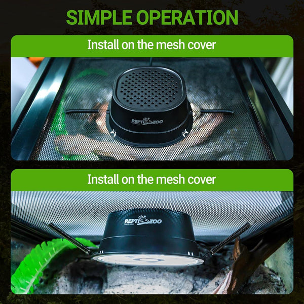 Reptile terrarium heat lamp installed on mesh cover, interior and exterior views
