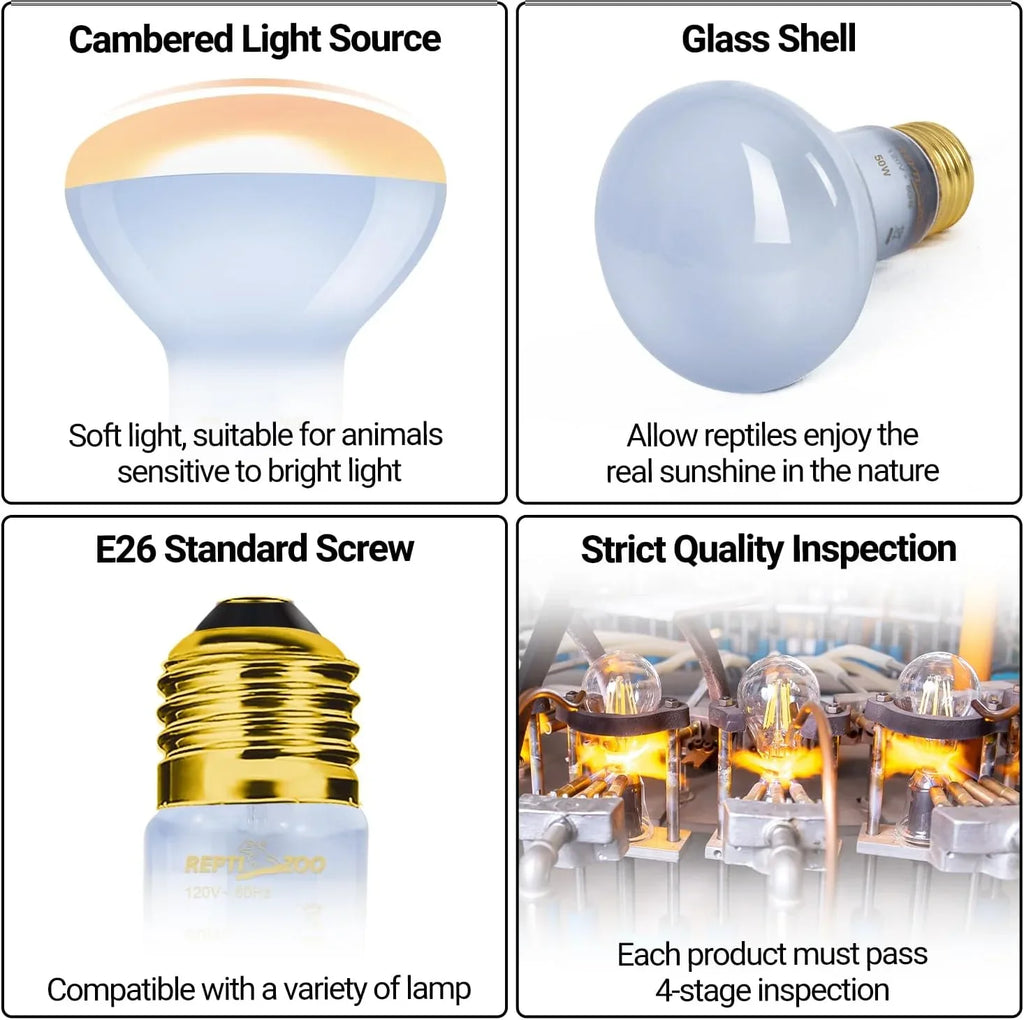 Reptile heat lamp bulb features cambered light source, E26 screw base, glass shell, quality inspection.