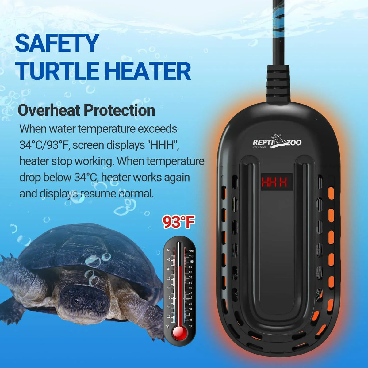 Aquarium turtle heater with digital display, overheat protection, and 93°F thermometer.