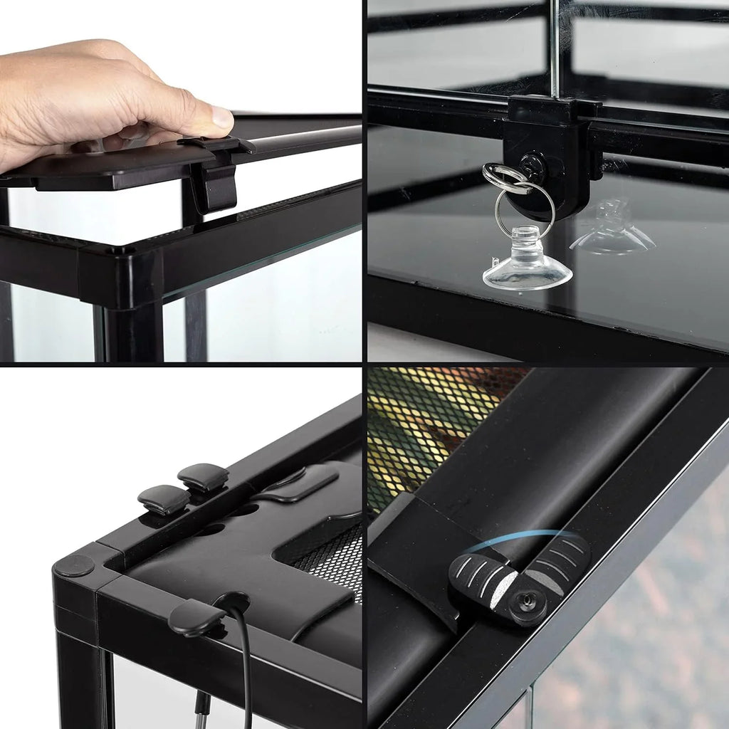 Close-up collage of reptile terrarium features including locking lid, mesh top, secure latch, and suction cup lock.