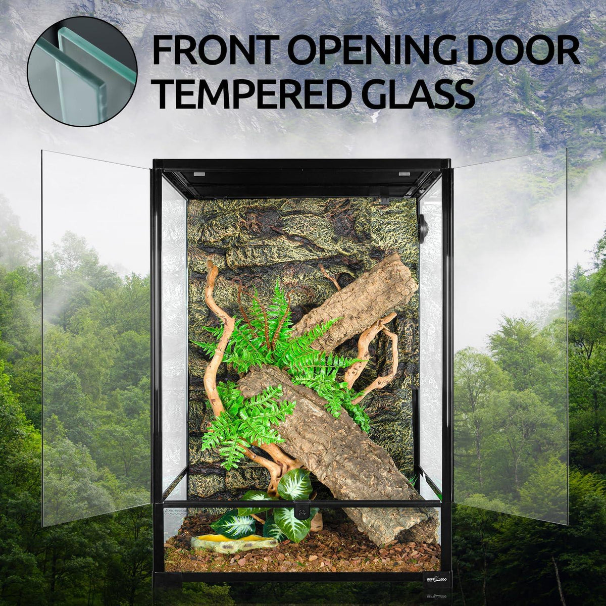 Glass reptile terrarium with front opening doors, substrate, plants, and climbing features