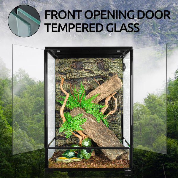 Glass reptile terrarium with front opening doors, substrate, plants, and climbing features