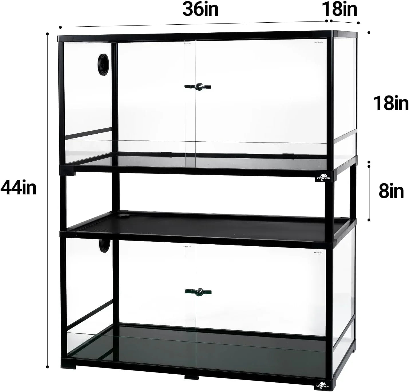 Three-tier glass reptile terrarium with sliding doors, 36x18x44 inches, black frame.