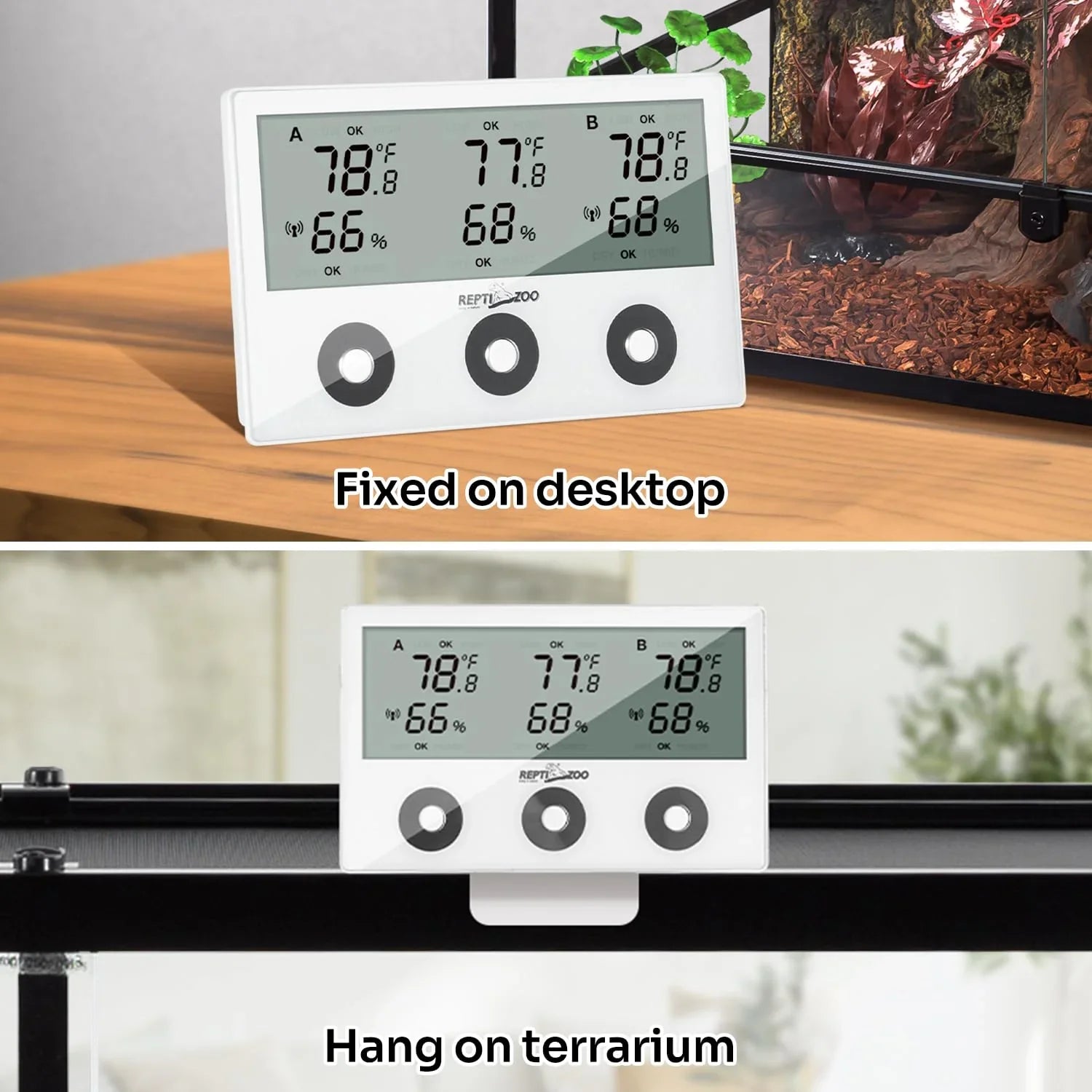 Digital reptile thermometer hygrometer displaying temperature and humidity for terrarium, shown on desktop and hanging.