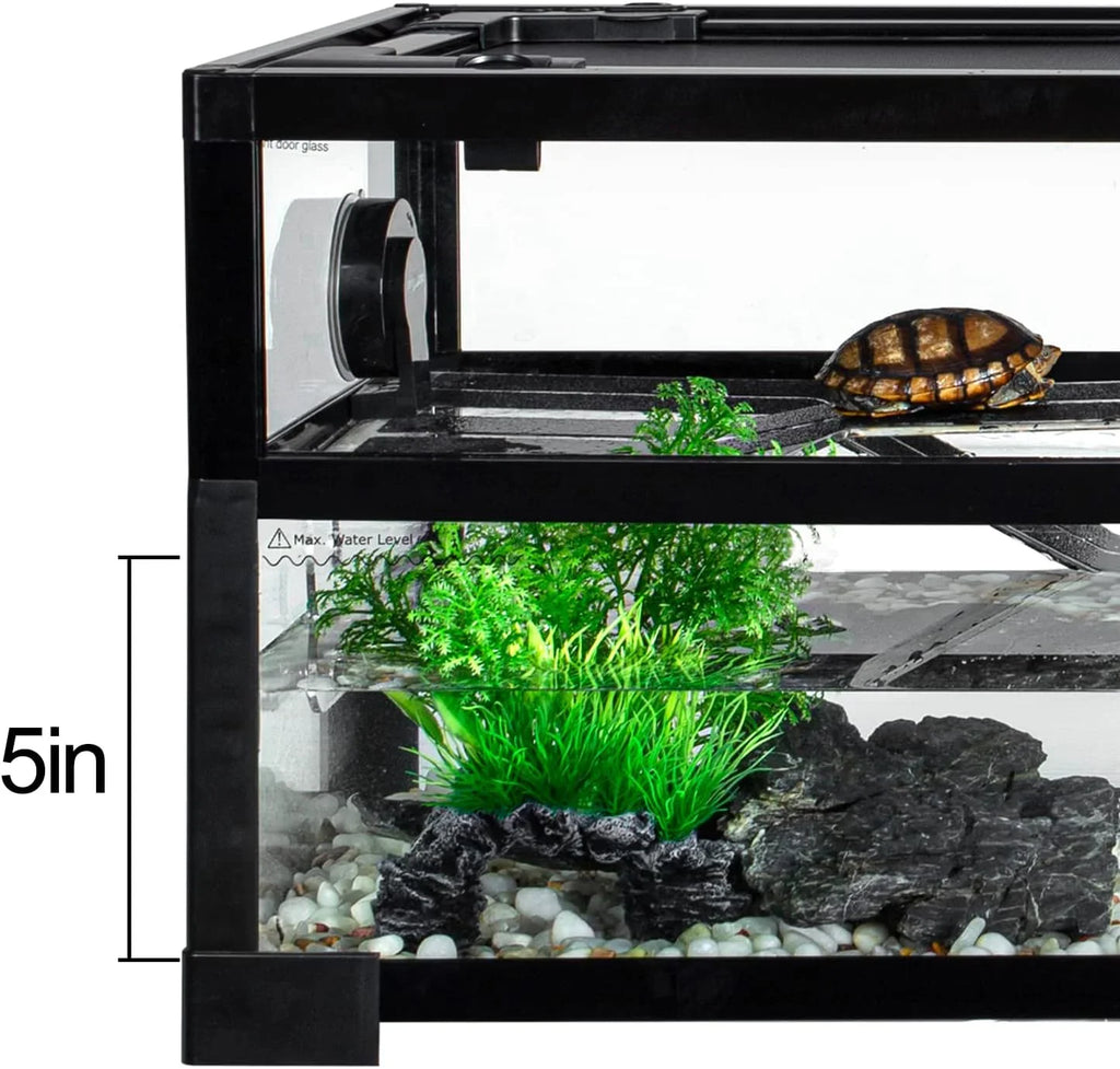 Glass reptile terrarium with turtle, basking platform, rocks, plants, and 15-inch water level
