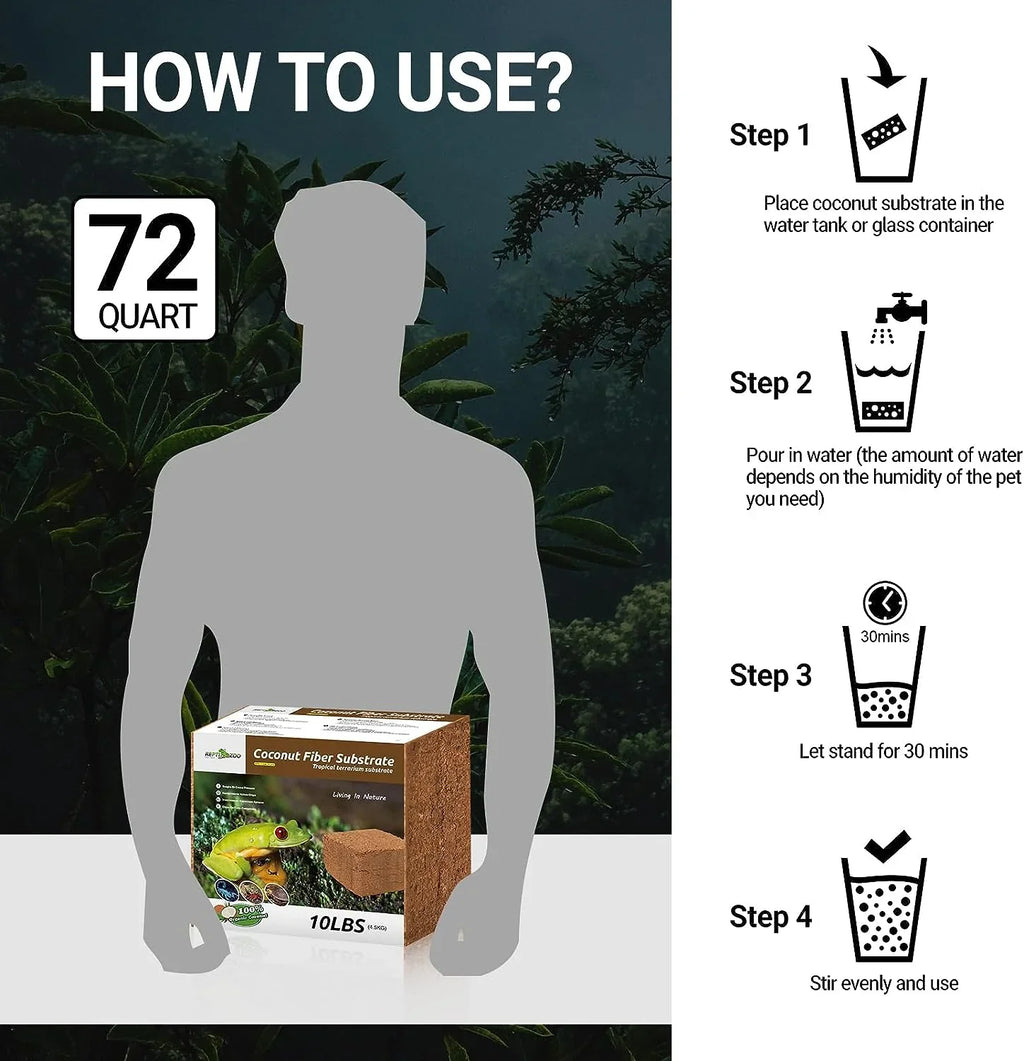 Instructions for using 72 quart coconut fiber substrate for reptile terrariums, 10 lbs block