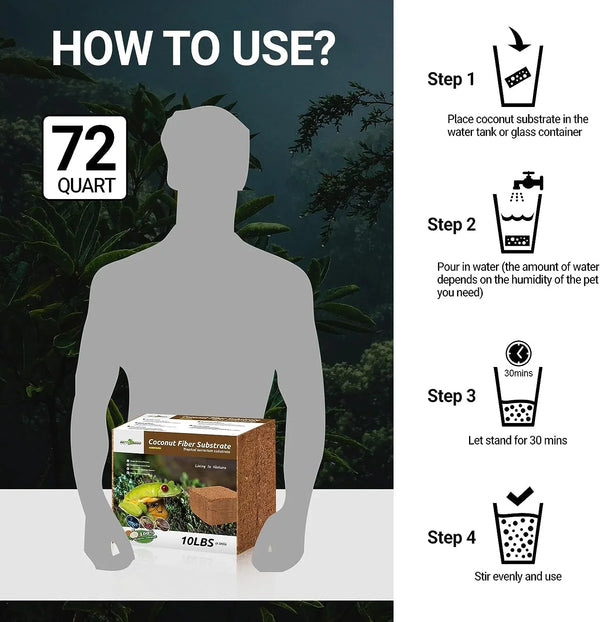 Instructions for using 72 quart coconut fiber substrate for reptile terrariums, 10 lbs block