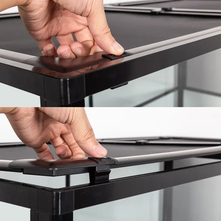 Hand opening mesh top latch on reptile terrarium, secure reptile cage enclosure lid