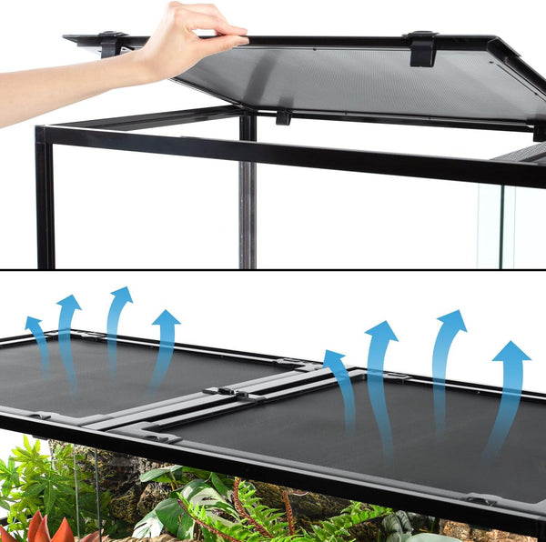 Hand opening mesh screen lid on reptile terrarium for ventilation and easy access