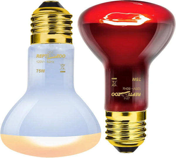 Two 75W reptile heat bulbs, one red and one white, for terrarium lighting and heating