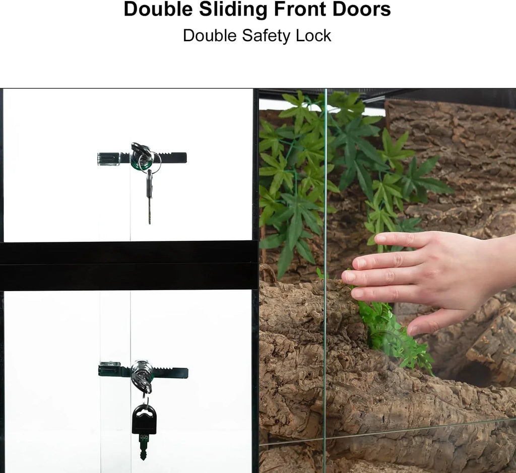 Glass reptile terrarium with double sliding front doors, safety lock, and secure key system.