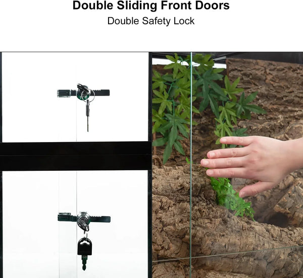 Glass reptile terrarium with double sliding front doors, safety lock, and secure key system.