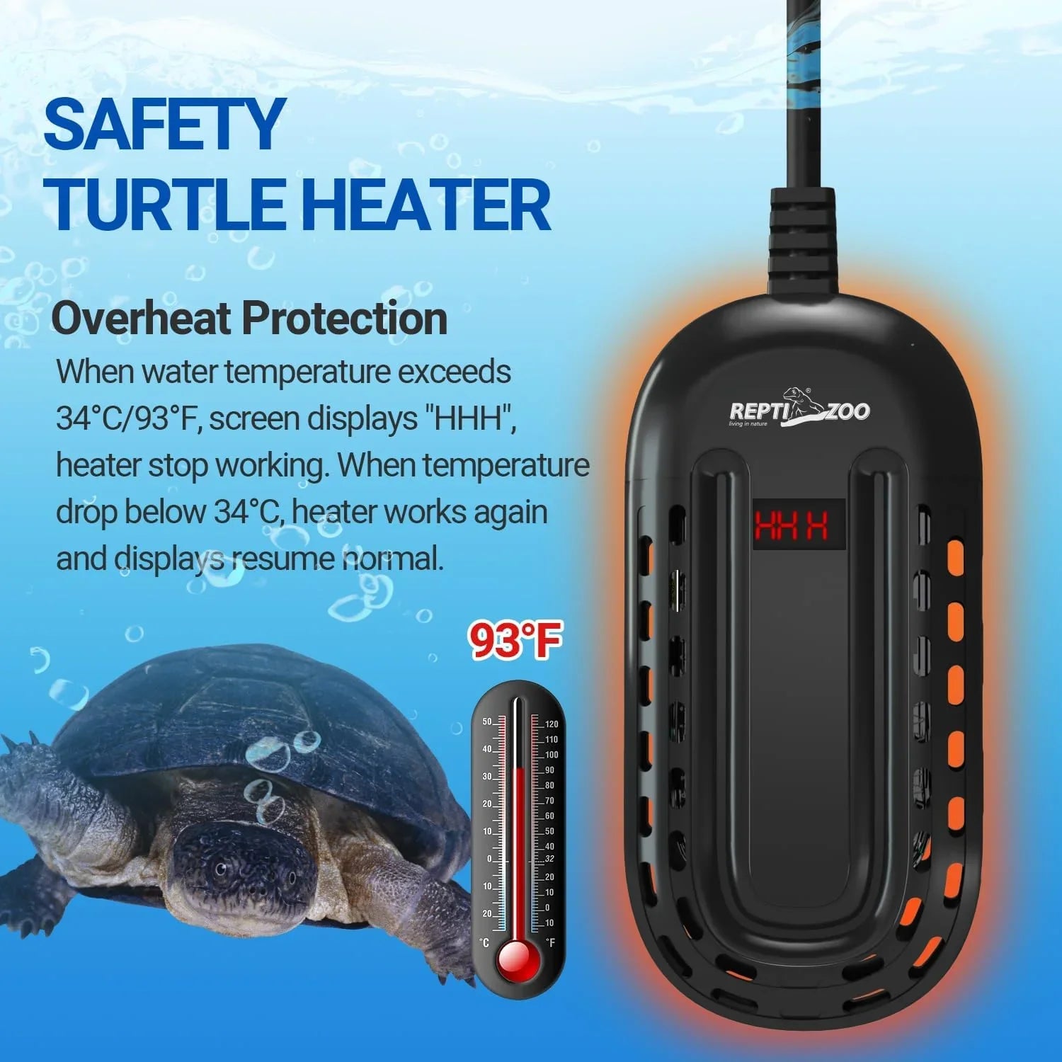 Aquarium turtle heater with overheat protection, digital display, and temperature gauge