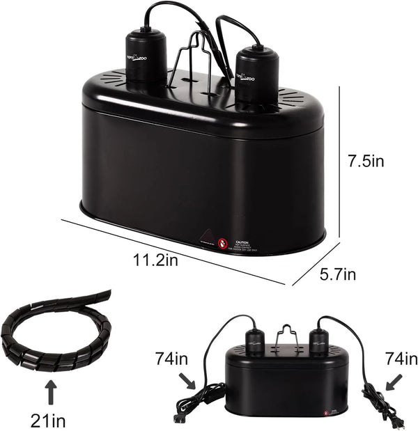 Black reptile fogger with dual output, power cords, and cable sleeve, labeled dimensions
