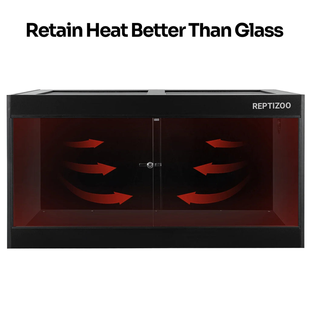 Black reptile terrarium with heat-retaining arrows, lockable glass doors, REPTIZOO logo