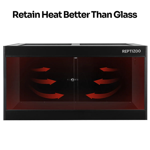 Black reptile terrarium with heat-retaining arrows, lockable glass doors, REPTIZOO logo
