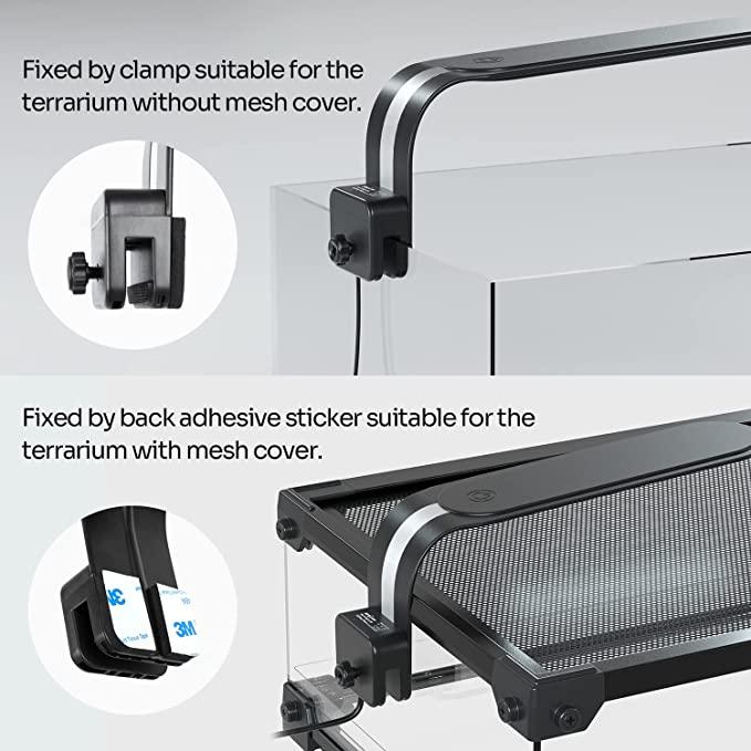 Reptile terrarium light mounting options, showing clamp for open tanks and adhesive for mesh covers