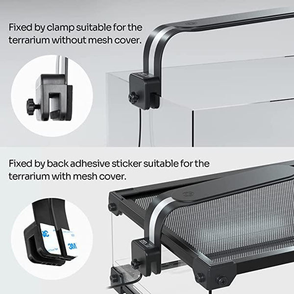 Reptile terrarium light mounting options, showing clamp for open tanks and adhesive for mesh covers